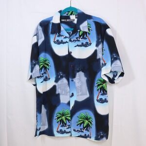 Box-Office Island Button Down Men Large Blue Palm Tree Moon Print Hawaiian Shirt